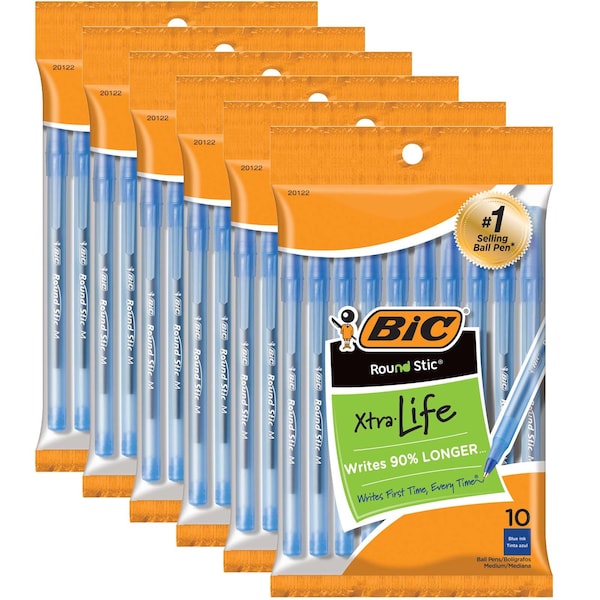 Bic Round Stic Xtra Life Ballpoint Pen, Medium, Blue, PK60 BICGSMP101BE - main